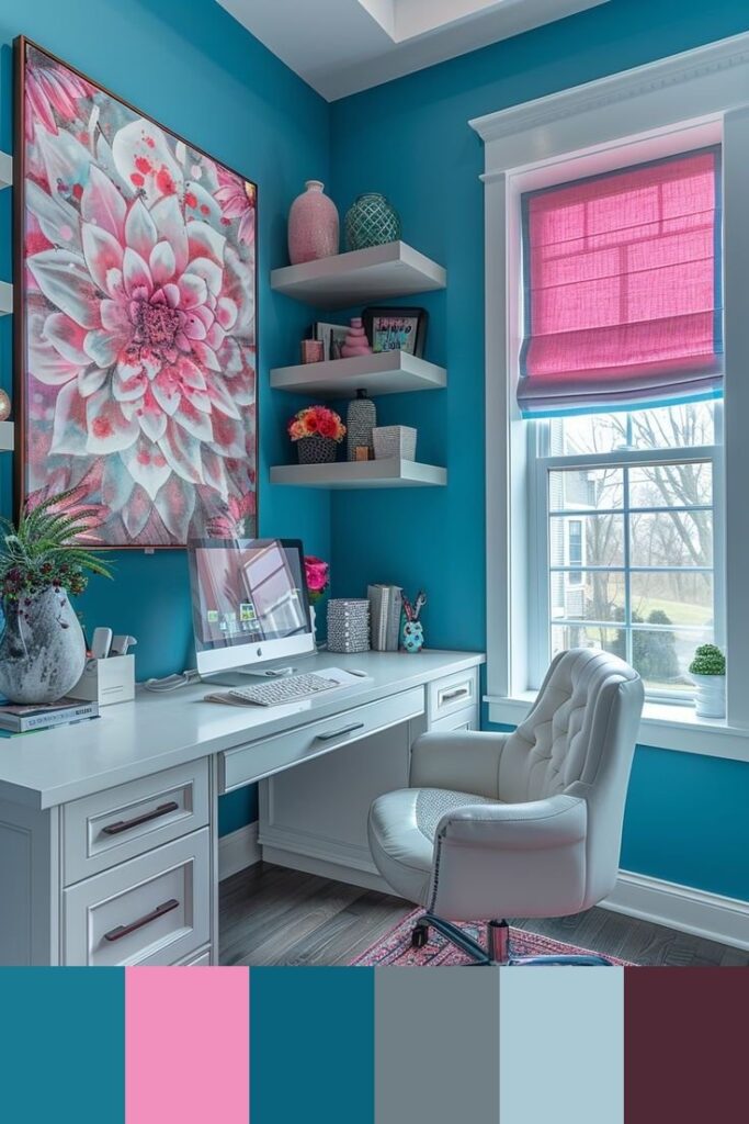 A home office with teal walls, white desk, pink accents and a floral painting