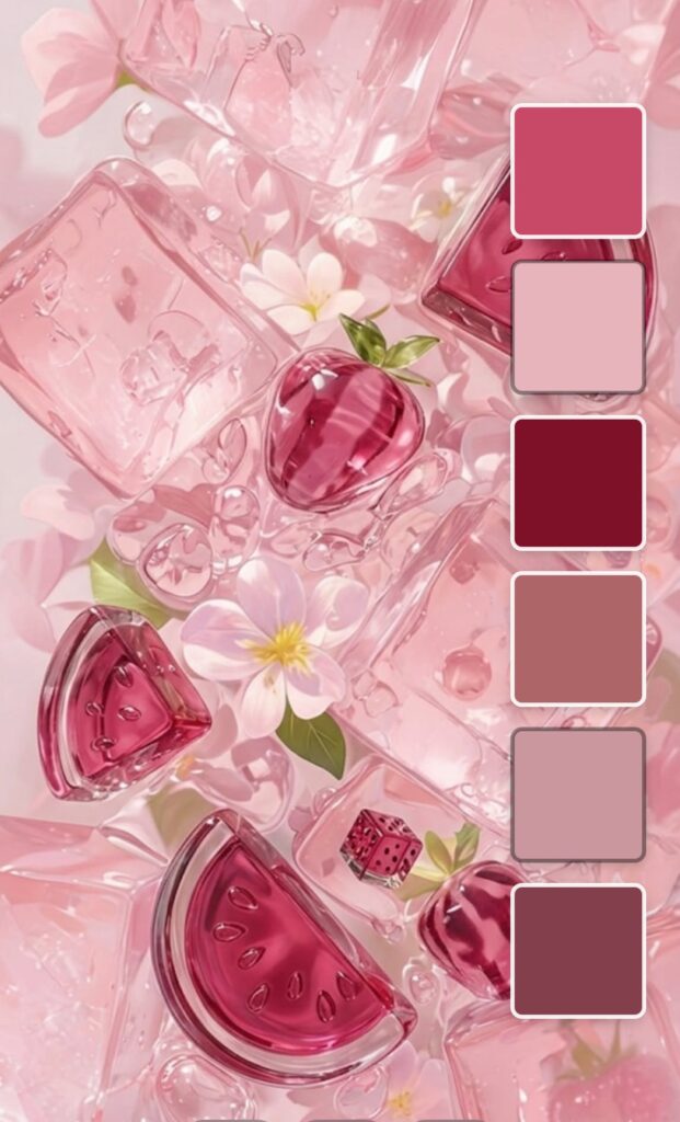 An image of pink perfume bottles, ice cubes, strawberries, and flowers in shades of #C74967, #E8B4BB, #7E1028, #AE6567, #CB979E, #833F4B