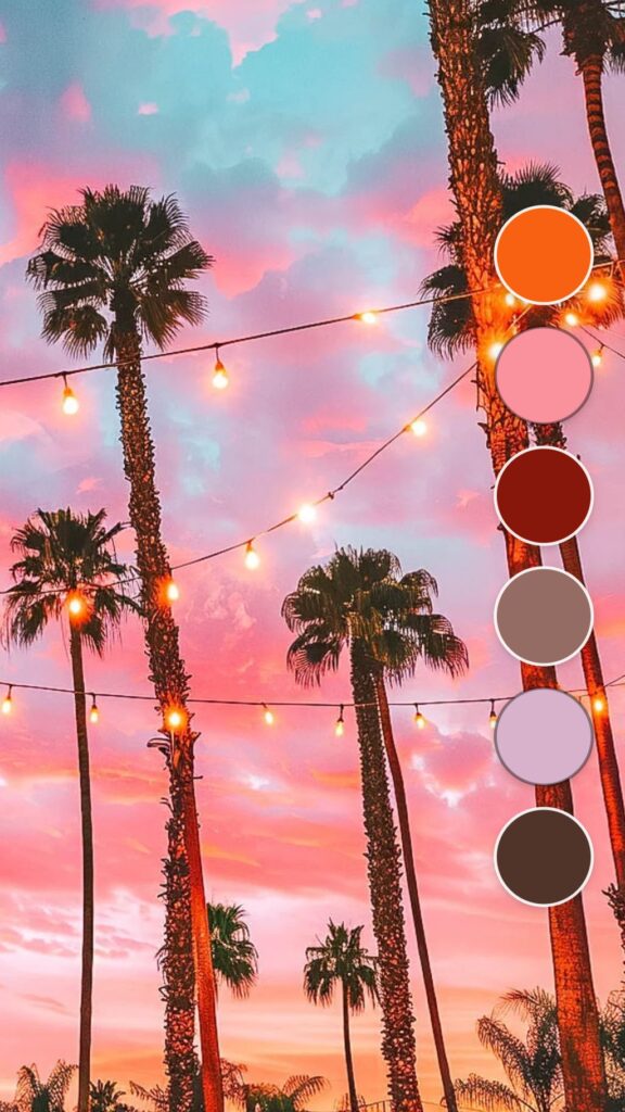 Palm trees against a vibrant pink, orange and blue sunset sky with string lights
