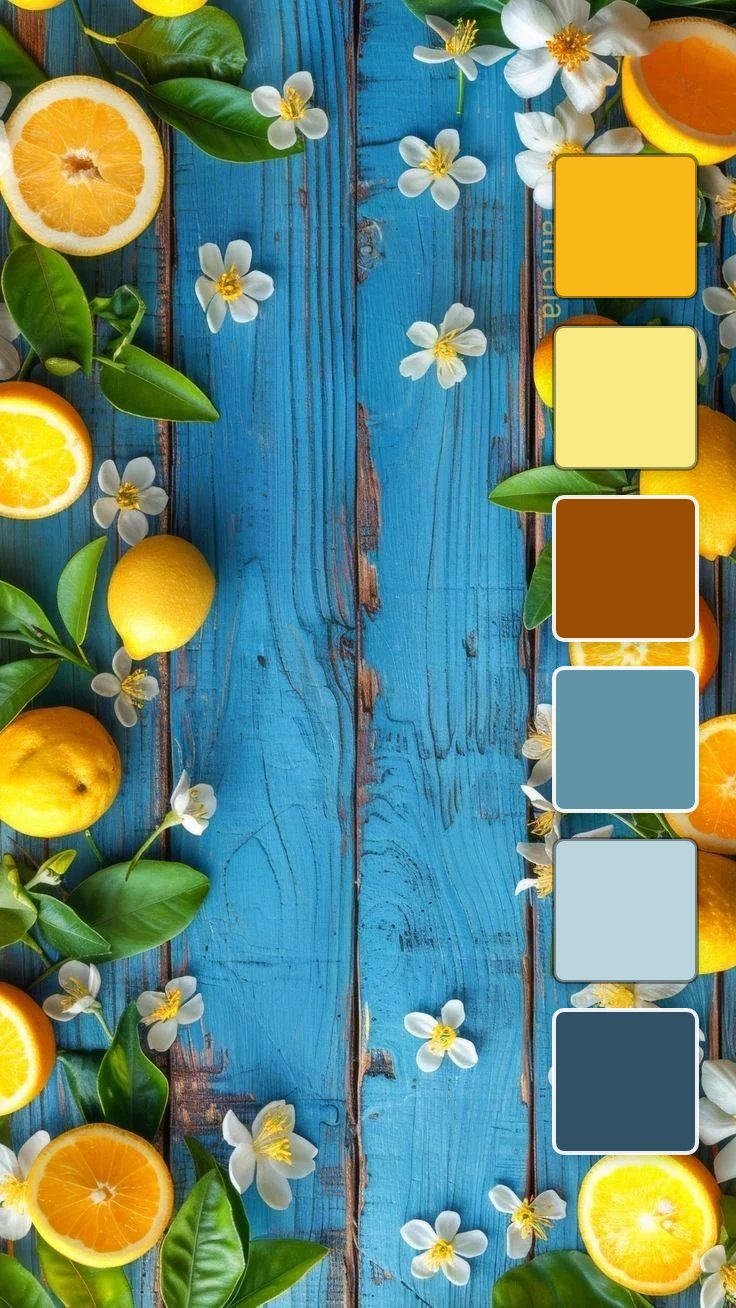 A blue wooden background with oranges, orange slices, white flowers, and green leaves.