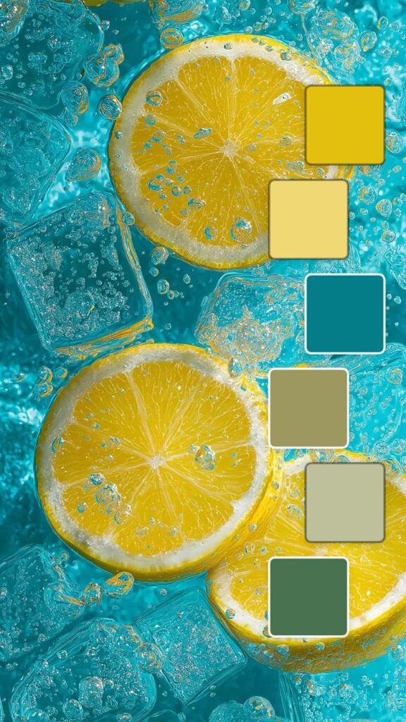 Lemon slices on a teal background with ice cubes and bubbles