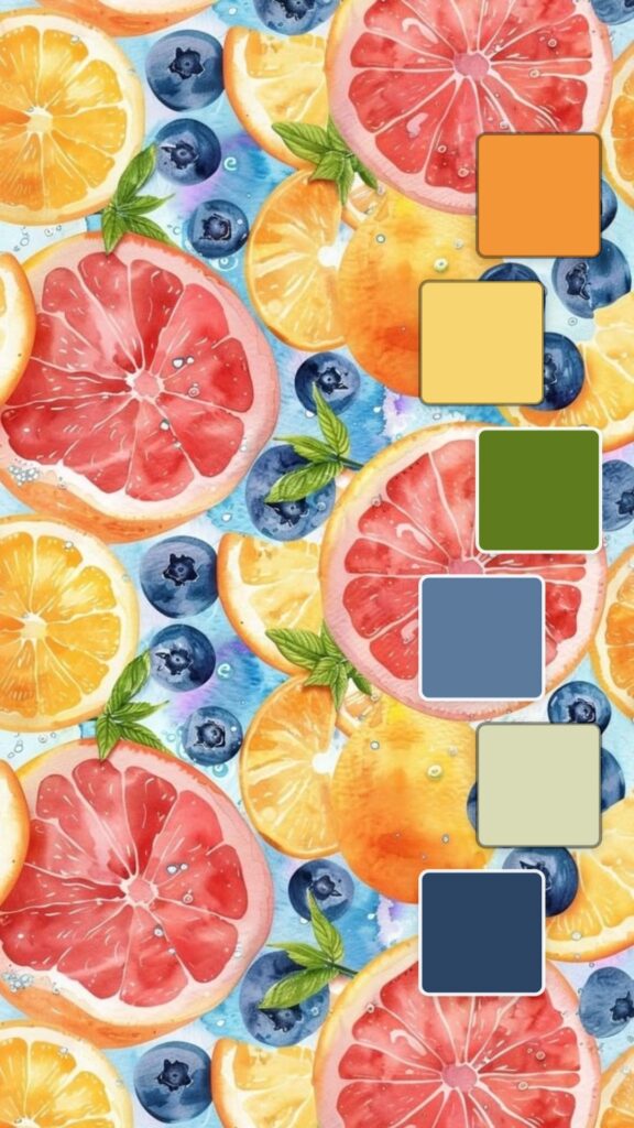 A colorful pattern of sliced oranges, grapefruits, and blueberries with green leaves on a blue background.