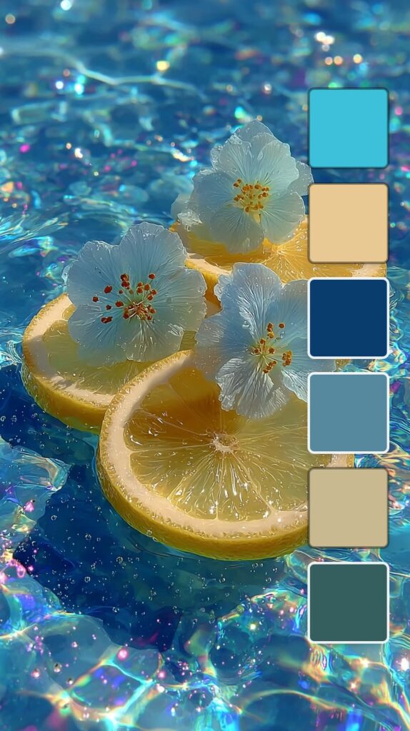 Lemon slices and white flowers floating on rippling blue water with iridescent sparkles