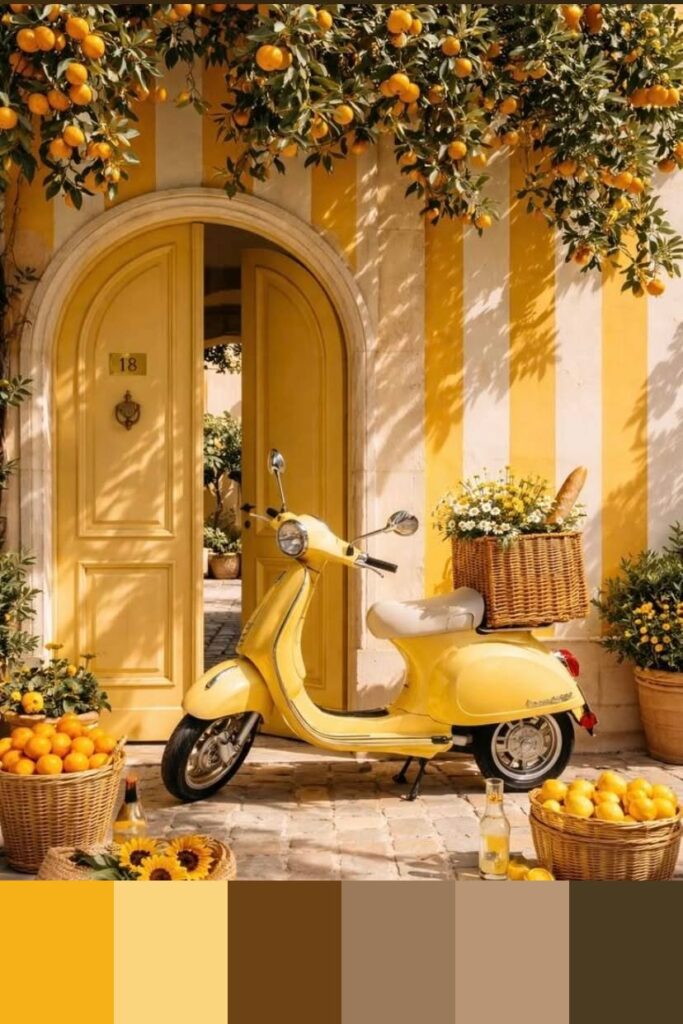 A yellow scooter parked in front of a yellow and white striped house with baskets of oranges and sunflowers