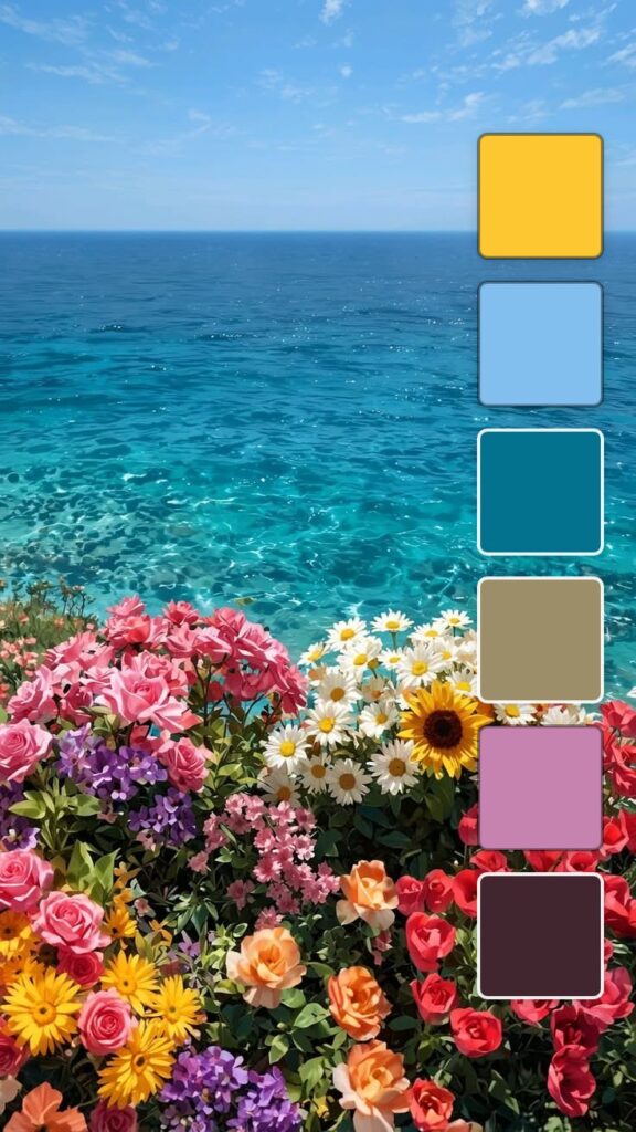 A colorful floral arrangement overlooking a clear blue ocean