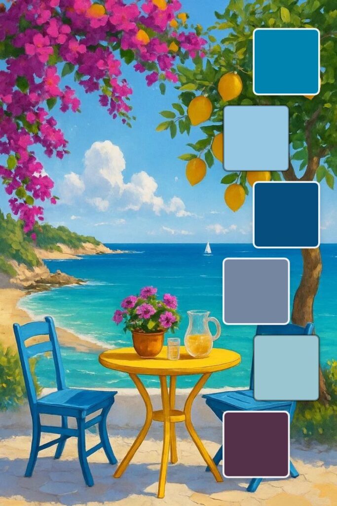 A digital painting of a beach scene with blue chairs, a yellow table, pink flowers, and a tree with lemons, featuring a color palette of #0183B0, #96C8E3, #054E7D, #7586A1, #9AC6D1, #553049