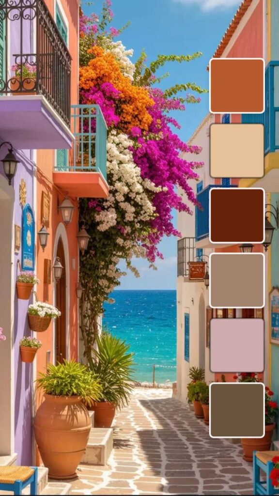 A colorful Mediterranean coastal street with pink, orange, blue and green hues