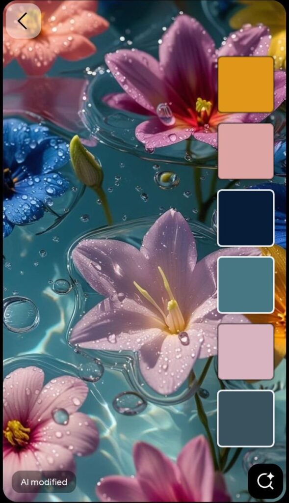 A serene image of pink, blue, and yellow flowers floating on water with droplets, featuring a palette of #E09619, #DCA5A3, #071C37, #467782, #D8B4C1, #39525E.
