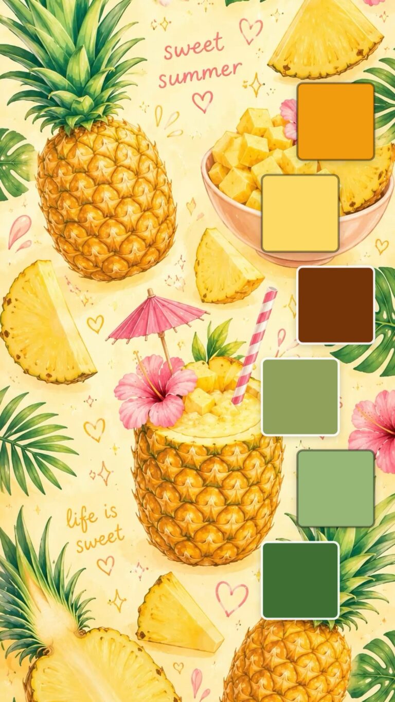 A colorful illustration of pineapples, pineapple slices, and tropical leaves on a yellow background with pink flowers and text