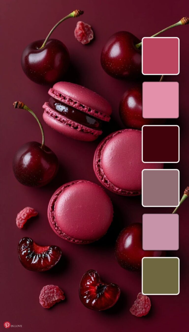 A photo of cherries and macarons in shades of pink, red, and burgundy