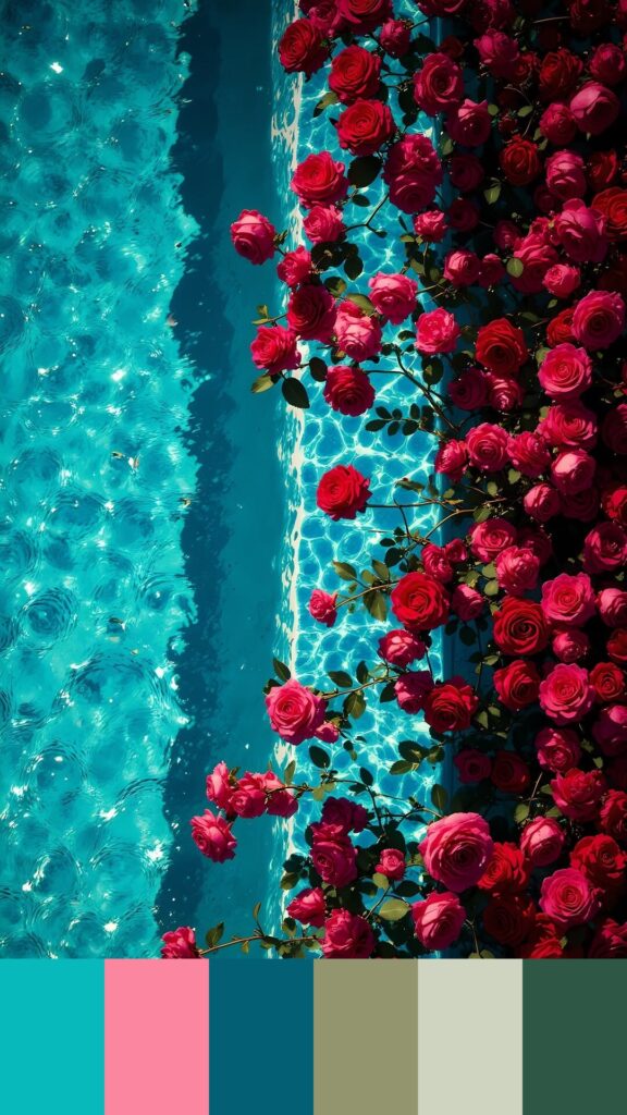 A photo of red roses on the edge of a teal pool