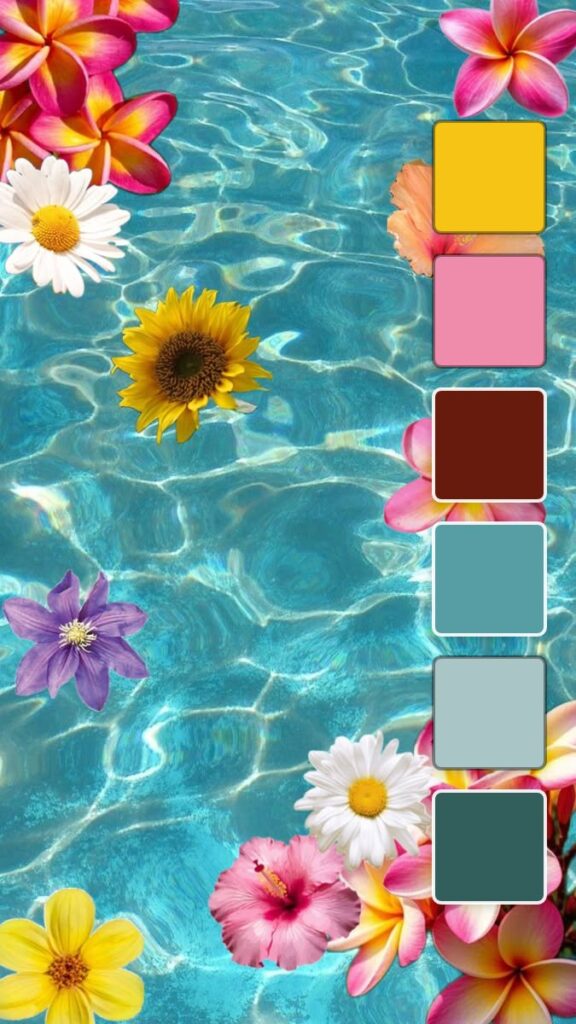 A serene pool scene with floating flowers in shades of pink, yellow, white, and purple on a turquoise background.
