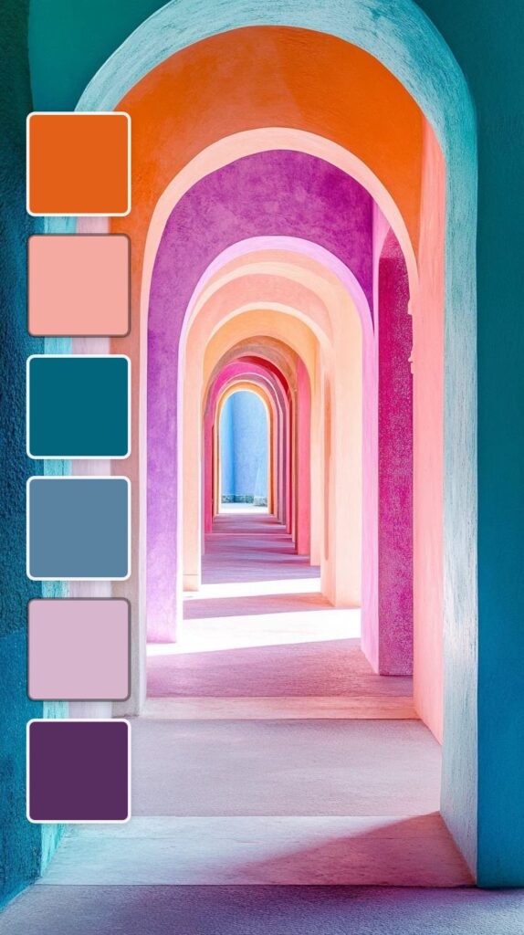 A colorful archway with orange, pink, purple, and blue hues