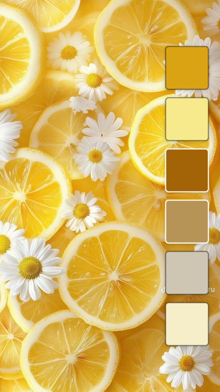 A close-up image of sliced lemons and white daisies on a yellow background, featuring shades of yellow, orange and beige.