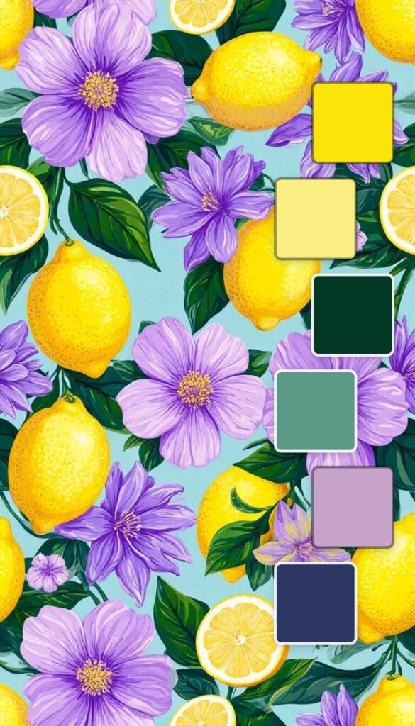 A colorful illustration of purple flowers and lemons on a light blue background with shades of yellow, green, and purple